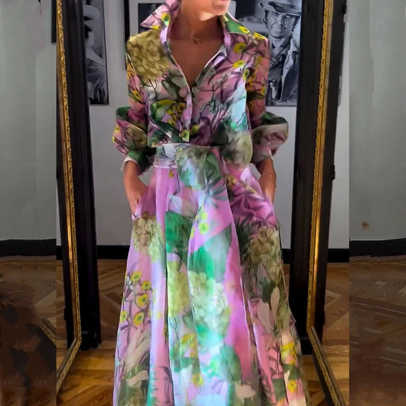 Повседневная рубашка с рукавами-фонариками лацканами + длинная юбка костюм 2024