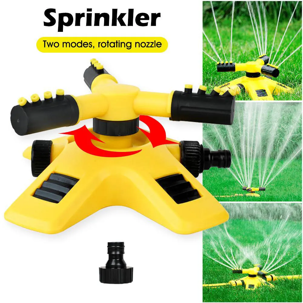 1set 2 Modes Sprinkler Watering System 3-Arm Automatic 360 Degree Rotating Nozzle Connectors ABS Garden Watering Tool