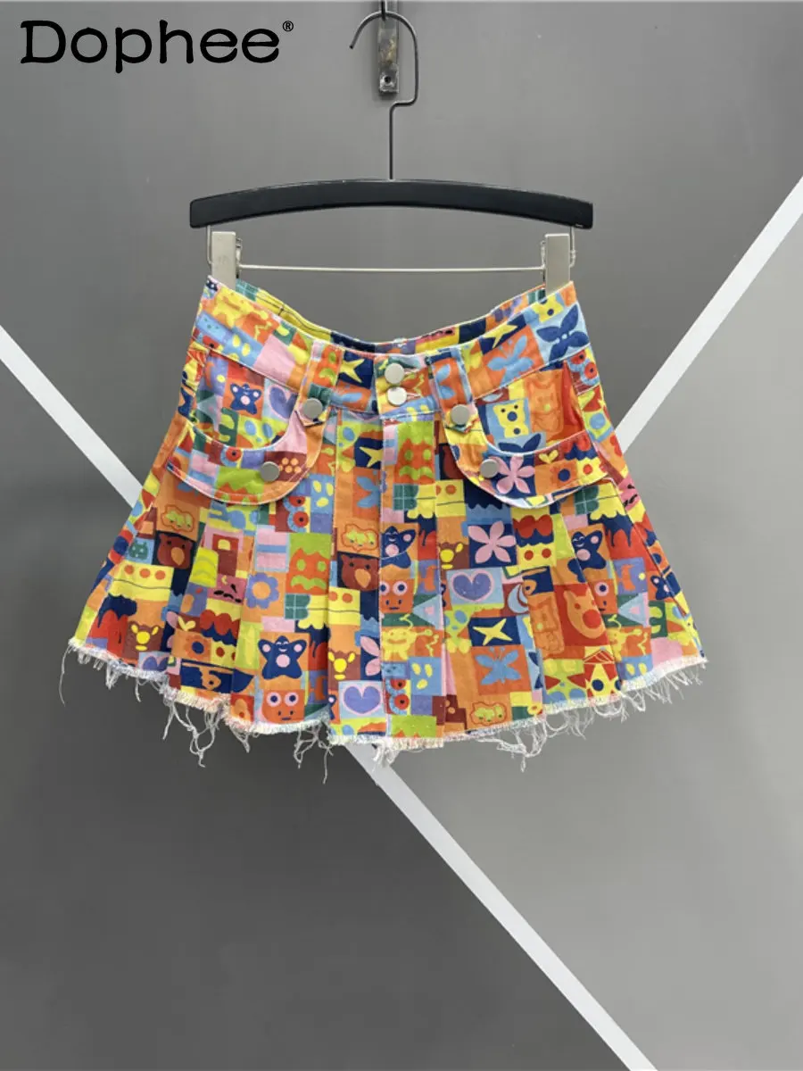 

Personalized Printed Contrast Color Tassel Denim Short Skirt Women 2023 Summer Skirts High Waist Slimming A- Line Pleated Skirt