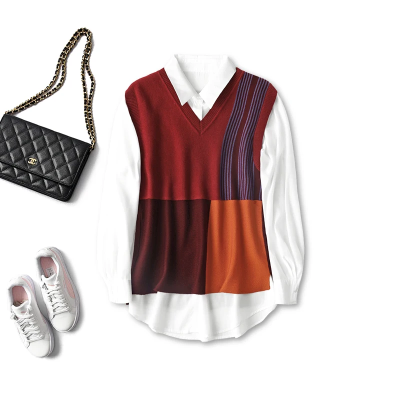 

Женский комплект из 2-х предметов, белая рубашка + вязаный жилет с отложным воротником, Повседневная весенняя одежда, 2022