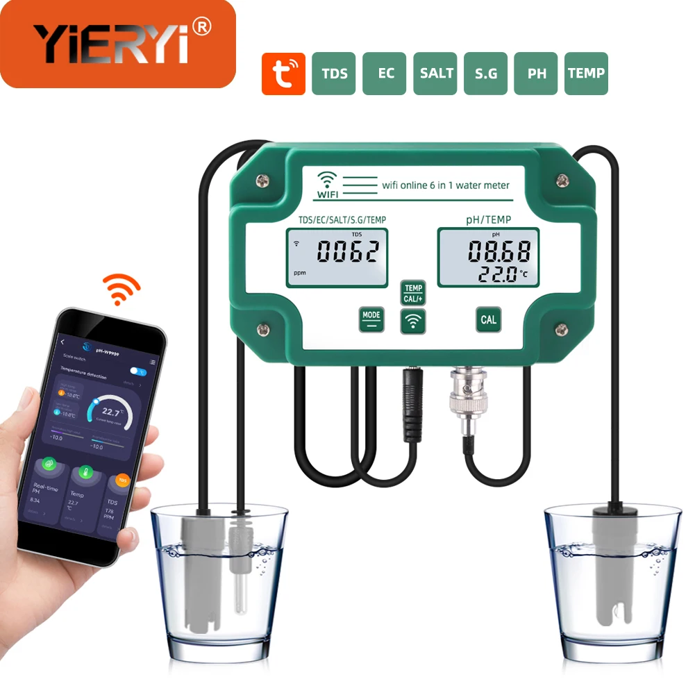 

Беспроводной Wi-Fi онлайн-тестер качества воды YY-W9909 PH/TDS/EC/солености/S.G./метр температуры умный монитор для аквариума и бассейна