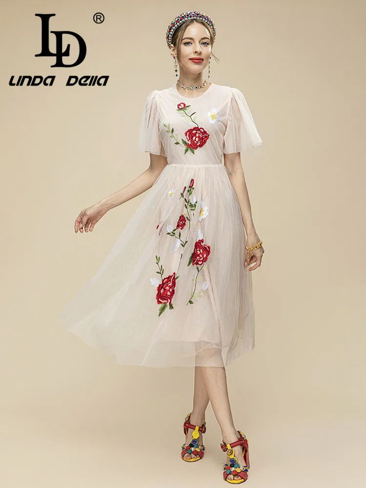 

LD LINDA DELLA 2023 Designer Summer Crewneck Short sleeve Vintage Embroidered mesh Dress Fashion Casual Shopping Dress