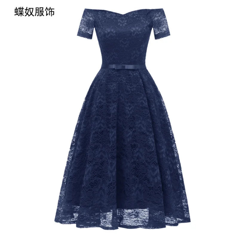 

Женское вечернее платье средней длины, элегантное кружевное платье с открытыми плечами и бантом, свадебные платья для женщин