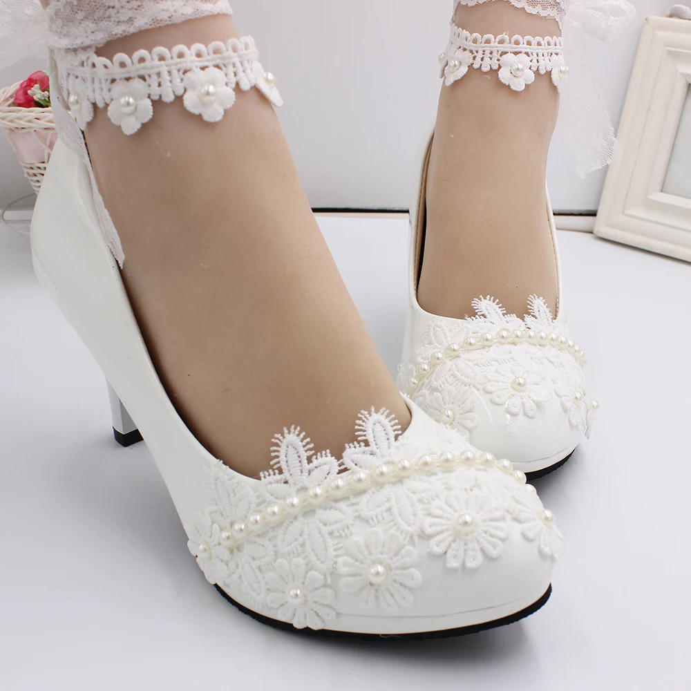 

Sorbern Lace Ankle Strap Women Wedding Shoe High Heel Kitten Heeled Pump Round Toe Slip On Beading Lace Appliques