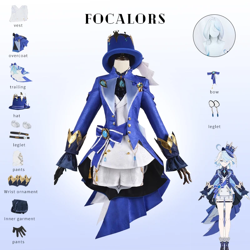 

Аниме игра Genshin Impact Focalors Косплей фурина шляпа парик волос полный комплект женская одежда платье костюм на Хэллоуин