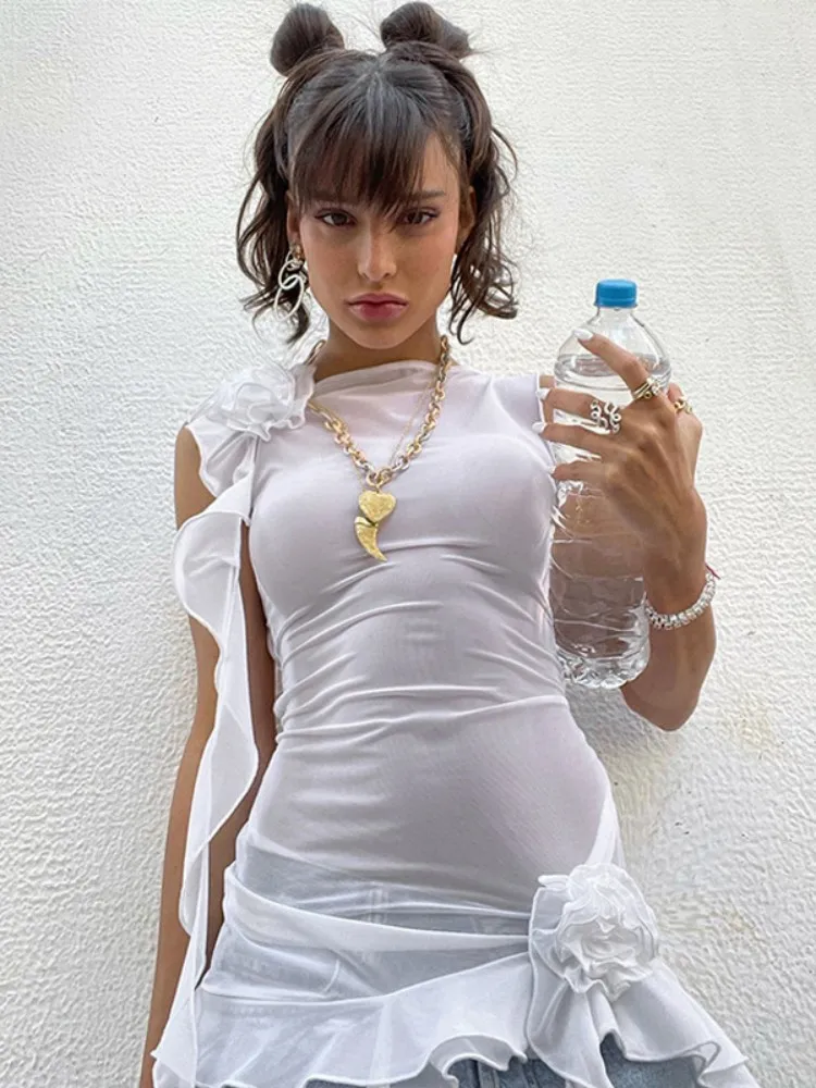 

Mesh T Shirts For Women Backless Aesthetic Clothes Long Tassel Sexy Y2k Crop Top Sleeveless Ropa De Mujer See Through Blusas