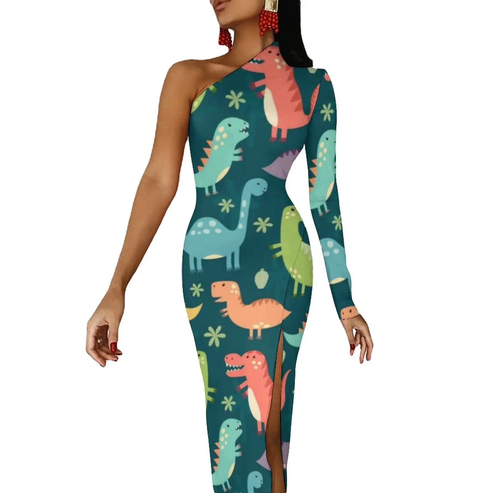 

Женское длинное платье на одно плечо, с принтом