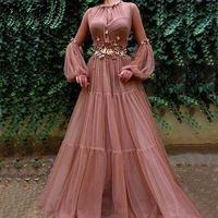 elegant pink lace prom gown a line long sleeves appliques flowers 2022 saudi arabic women formal prom party dress robe de soiree