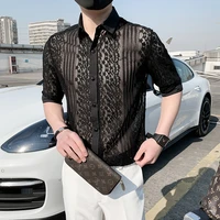 2022 lace hollow shirts for men half sleeve slim fit casual shirt social party tuxedo blouse nightclub stage singer men clothing
