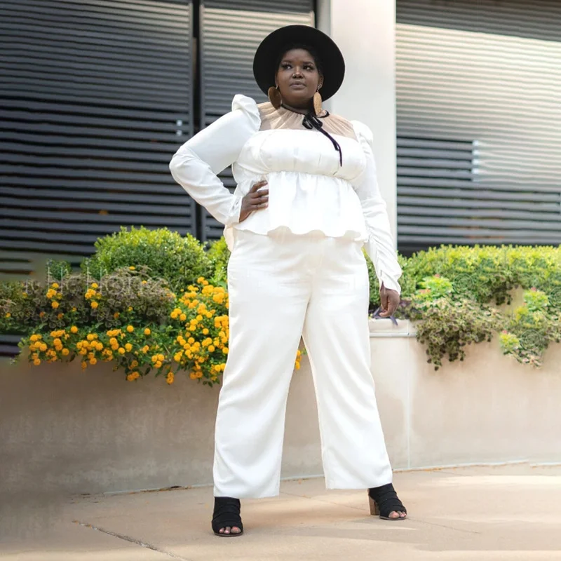 Plus Size Women's Suit New Fashion Large Women's Temperament Splice Mesh Top And Pants White Set Elegant Casual Female Clothes
