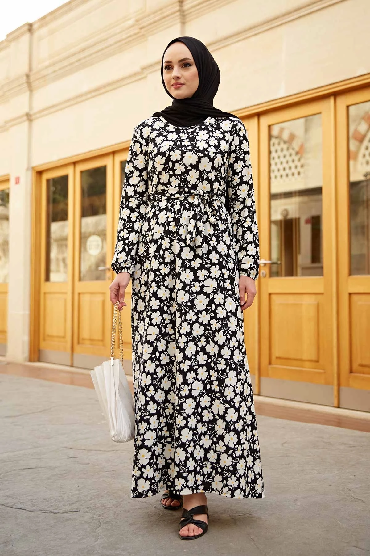 Платье с принтом в виде маргариток SB-черное, зимнее, Осеннее, 2021, женский головной платок, мусульманская индейка