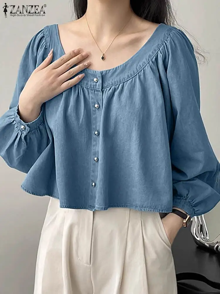 

ZANZEA Fashion Denim Cropped Tops Woman Long Sleeve O-Neck Blouse Autumn Elegant OL Work Shirt Female Casual Holiday Chemise