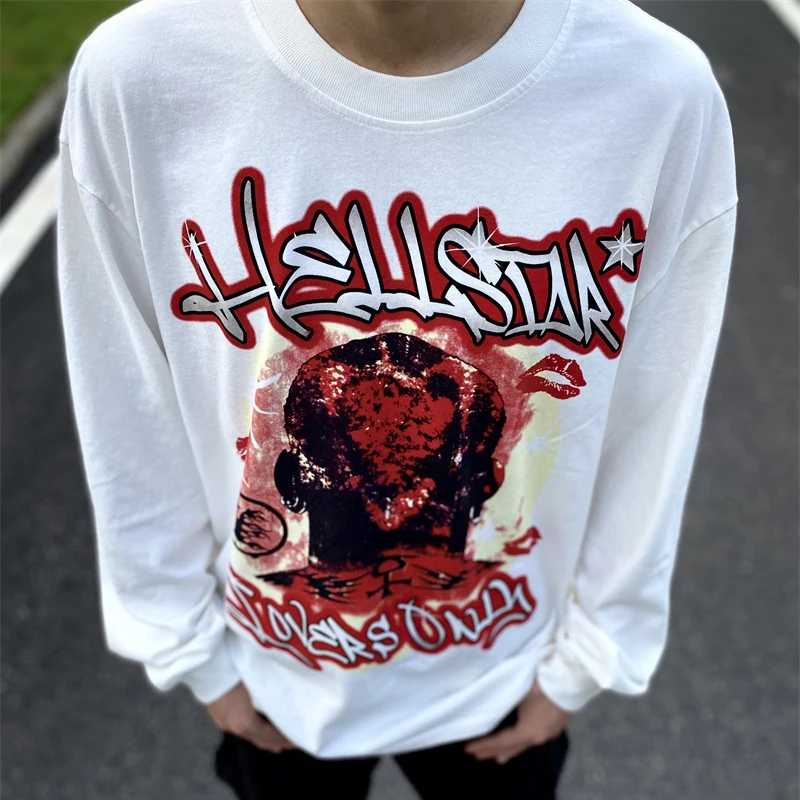 

Hellstar 23ss Новинка пламя Любовь граффити хип-хоп стиль мужчины и женщины с длинным рукавом