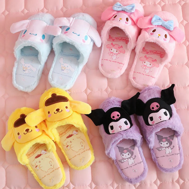 

Sanrio Cartoon Anime Autumn Winter Indoor Hello Kitty Slippers Warm Soft Sole Women's Cotton Melody Kuromi Super Cute Slippers