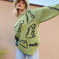 green oversize sweater women 2022 dinosaur cartoon y2k knitted pullovers loose casual long sleeve jumper couple o neck vintage