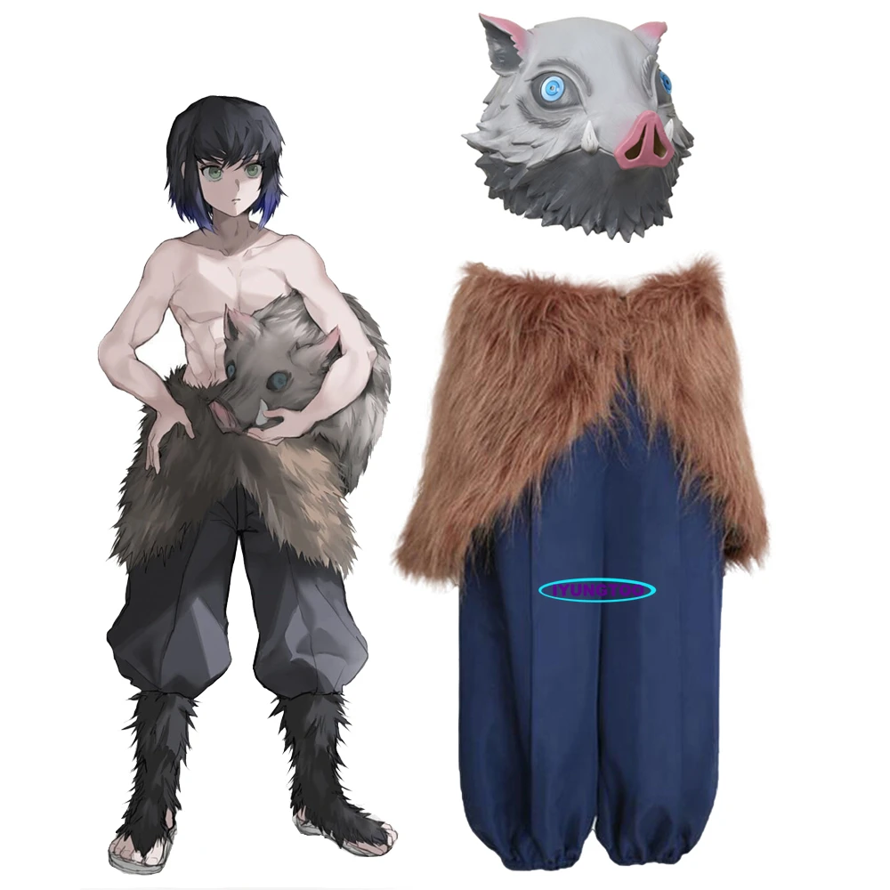 

Demon Slayer Kimetsu no Yaiba Hashibira Inosuke Cosplay CostumePrimitive Pants Wool Skirt Barbarian Caveman Halloween Costume