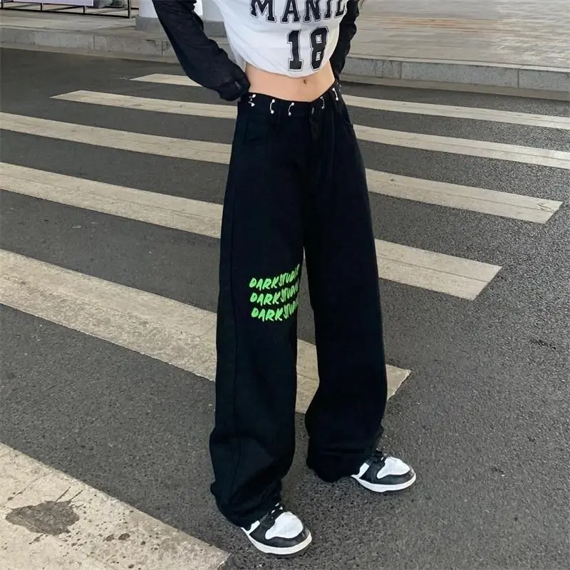 Streetwear Vintage Jeans High Waisted Black Y2k Retro Fashion Printing Trousers For Women's Summer Korean Style Denim Long Pants