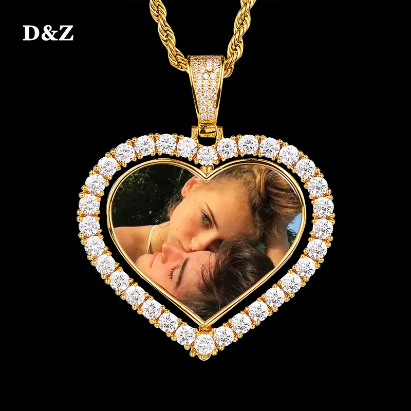 D & Z Custom Made Photo obrotowy kształt serca dwustronny naszyjnik 4mm łańcuch tenisowy cyrkon męski Hip hop biżuteria