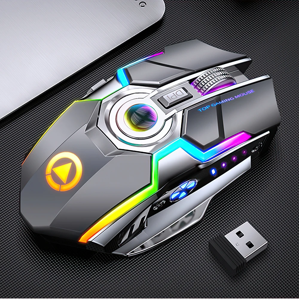 

2.4GWireless Gaming Mouse USB Rechargeable Silent Mouse 1600DPI Ergonomic Mice with RGB LED Backlit Receiver for Laptop Computer