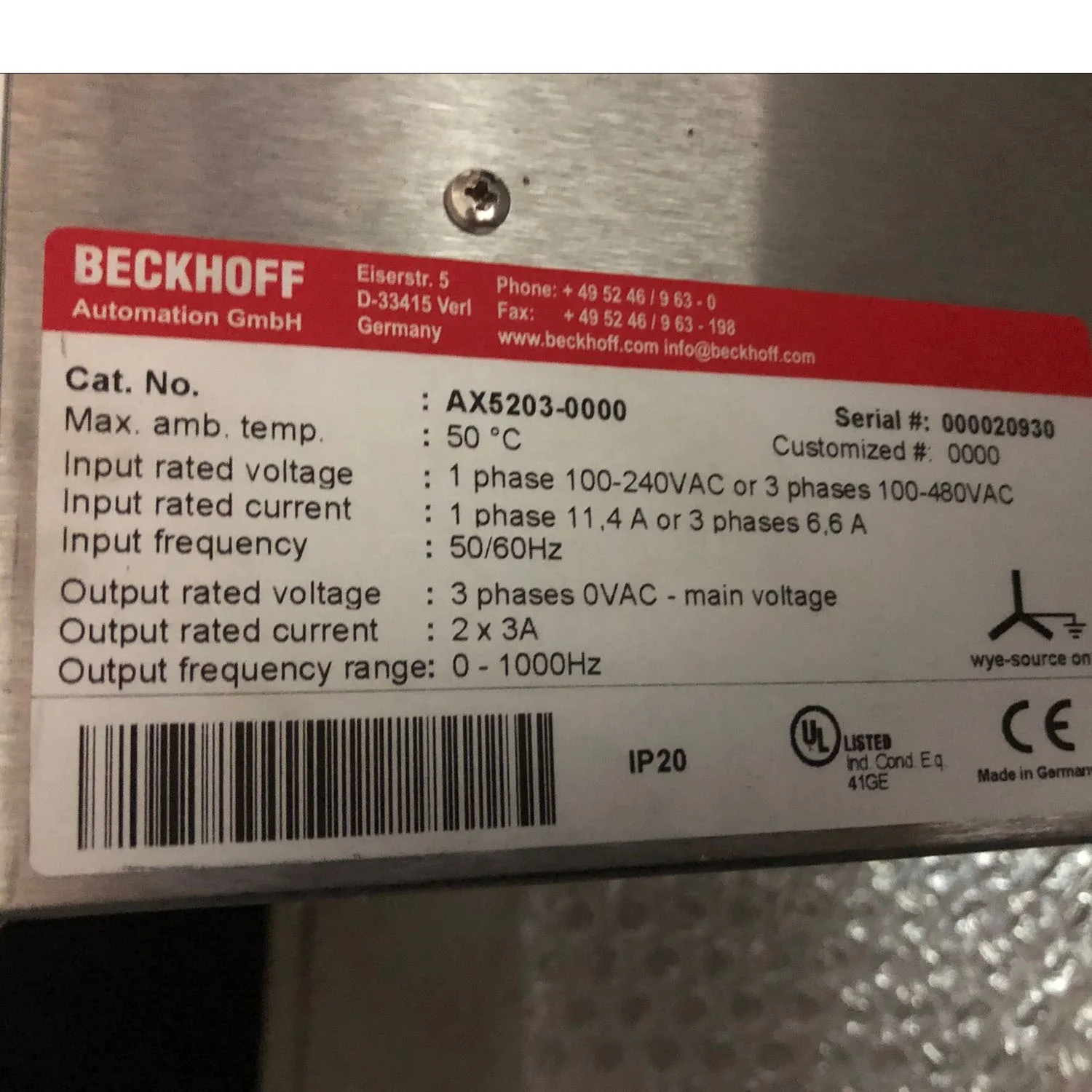 Beckhoff AX5203-0000 AX2010 Усилитель сервопривода переменного тока