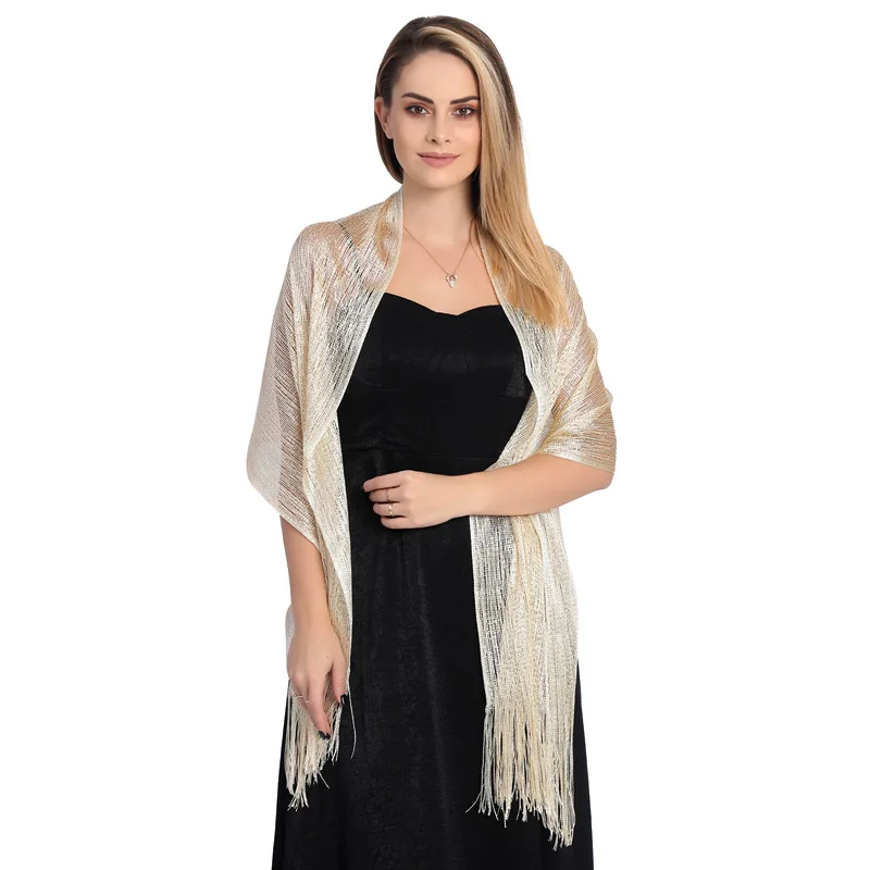 

White Black Gold Silver Thin Long Shiny Sunscreen Shade Shawl Bridal Bolero Lace Tassel Wedding Party Evening Dress Cloak Scarf