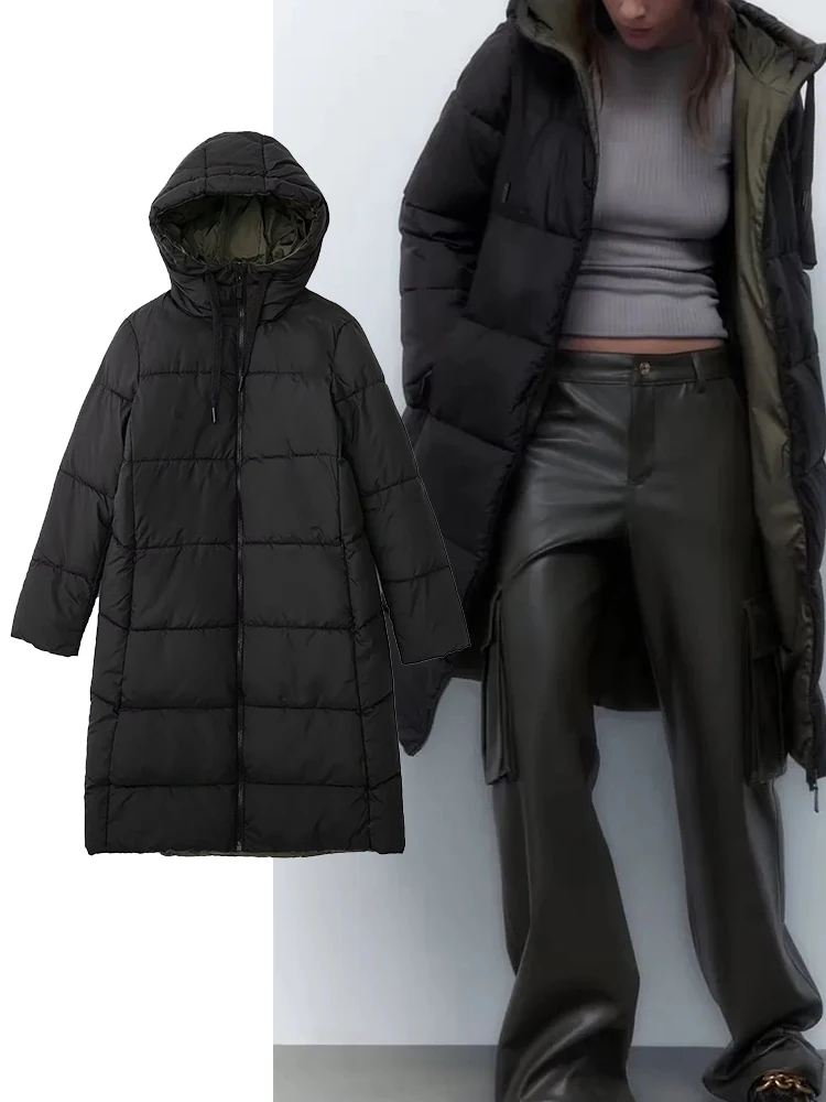 

TRAF 2022 Woman Winter Long Jacket New Fashion Hooded Long sleeve Warm Jacket Coat Women Casual Street Ladies Coat