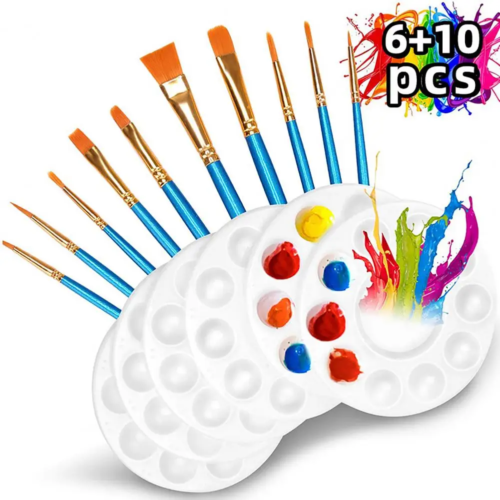 

1 Set Painting Palette Soft Bristles High Durability Plastic Palette with Round Pointed Tip Paint Brushes Kit Painting Tools