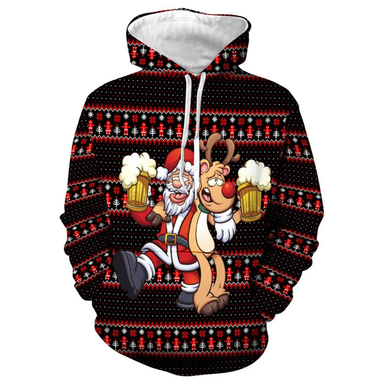 3D Printed Santa Claus Deer Beer Hoodies For Men Christmas Pattern Pullovers Casual Hooded Long Sleeves Sweatshirts Loose Tops
