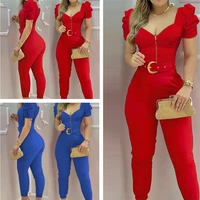 2022 new spring and summer womens clothing womens jumpsuit temperament red v neck leisure one piece suit