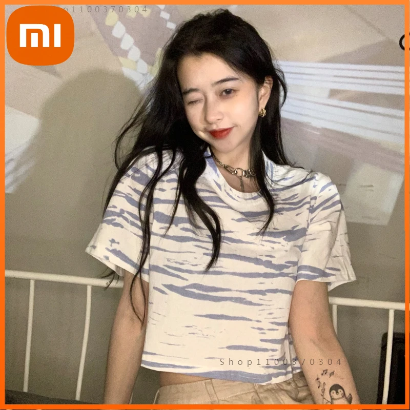

Летние шикарные футболки Xiaomi с коротким рукавом, женские Сексуальные корейские синие и белые короткие топы, повседневная женская футболка, ...