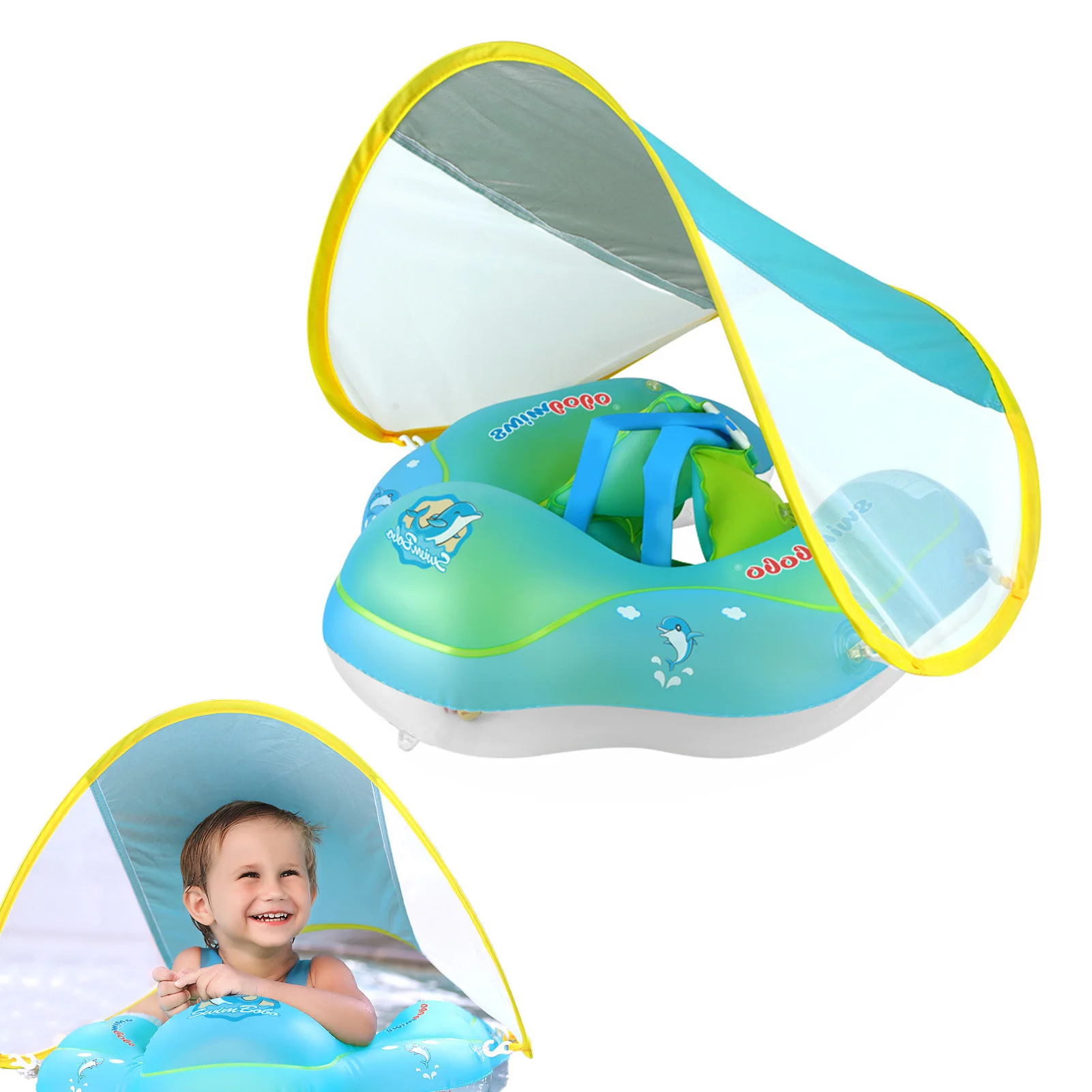 

Boat Shaped Pool Float No Flip Over Baby Swimming Float With Awning No Flip Over SPF50 Toddler Floaties For Age Of 3-48 Months