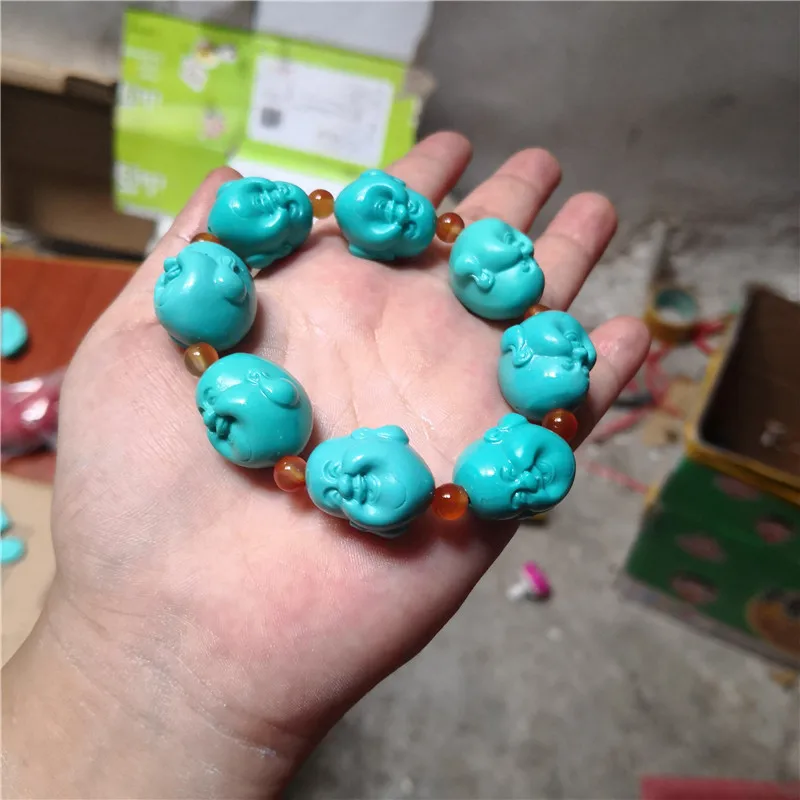

Optimized Turquoise Buddha Head Bracelet Carving Maitreya Buddha Hand String Blue Turquoise Laughing Buddha