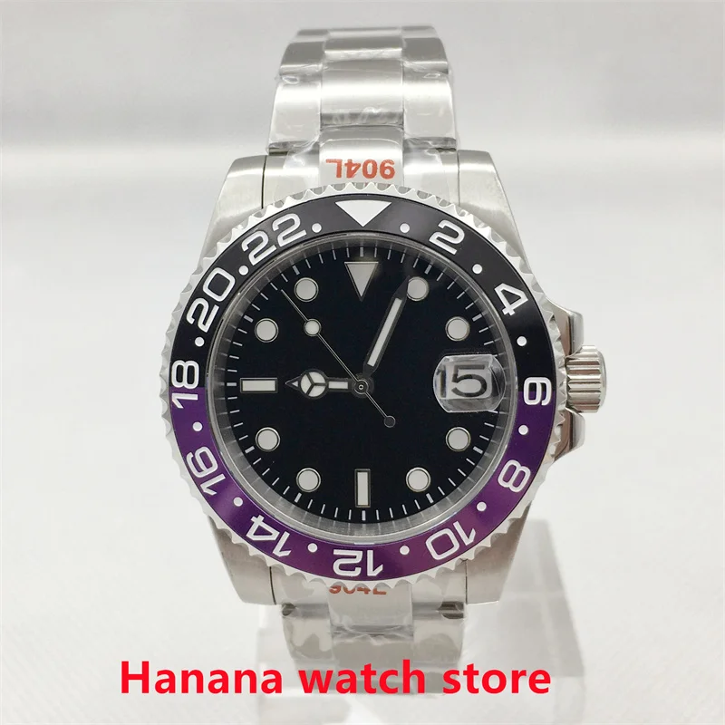 

BLIGER 40mm Black Purple Insert 24 Jewels NH35A Automatic Men's Watch Luminous Dial Sapphire Glass Glide Lock Clasp Steel Strap