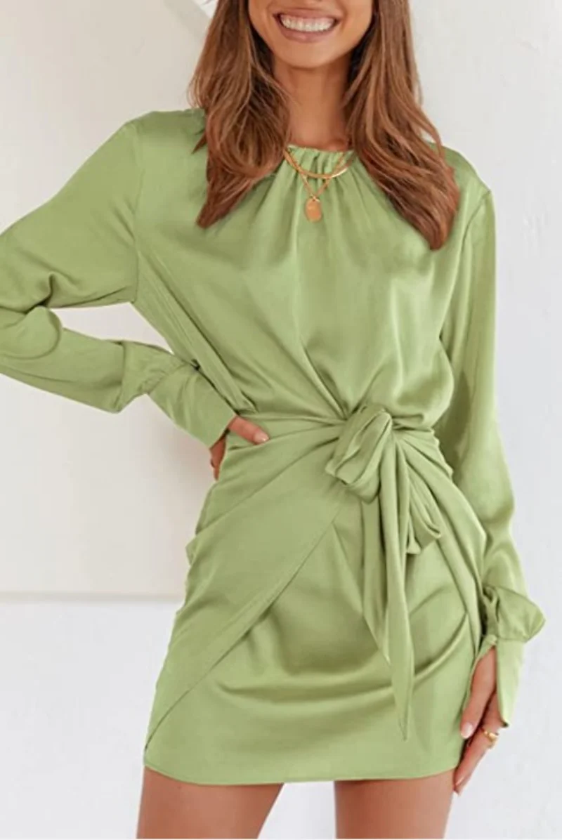 Vintage Women's Banquet Party Dresses Round Neck Elastic Tie Waist Long Sleeve Solid Skirt Elegant Prom Dress for Women Vestidos