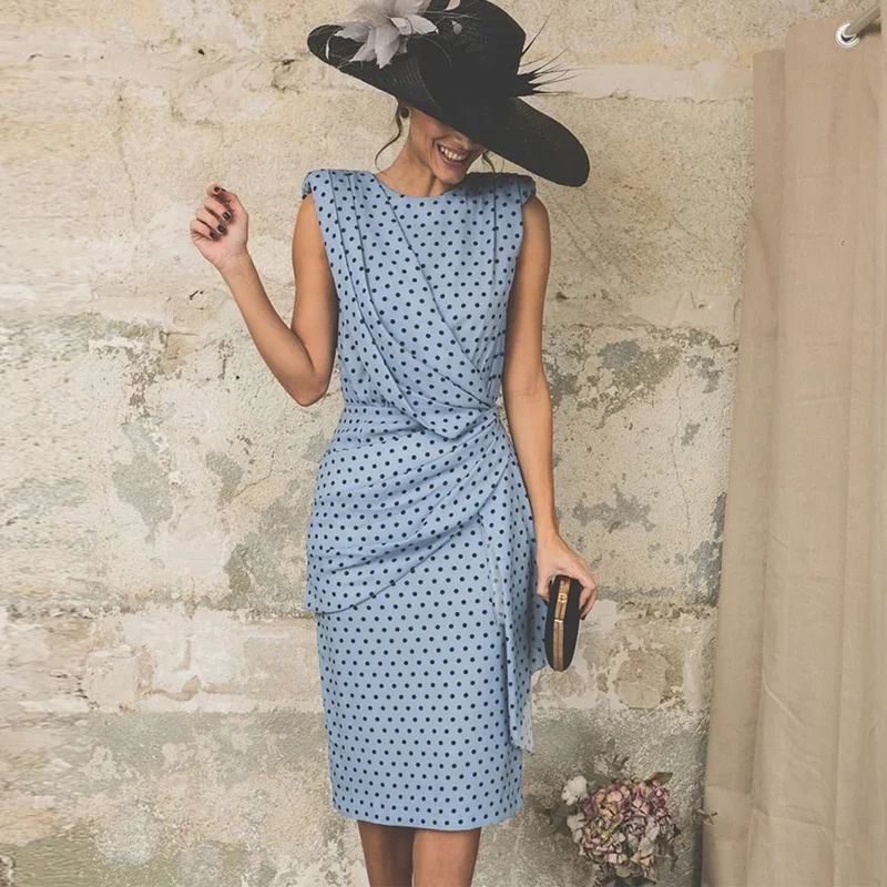 

Summer Vintage Women Dress 2021 Dot Sleeveless Sheath Bodycon Sexy Elegant Womn Party Dress Female Midi Dress Women Knee Length