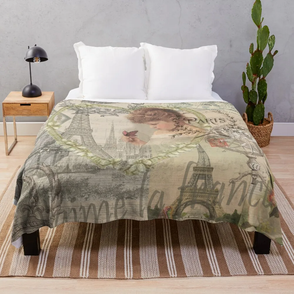 

Мягкое Фланелевое покрывало для кровати в винтажном стиле, для Парижа, Франции, красивое покрывало с изображением Эйфелевой коллажа