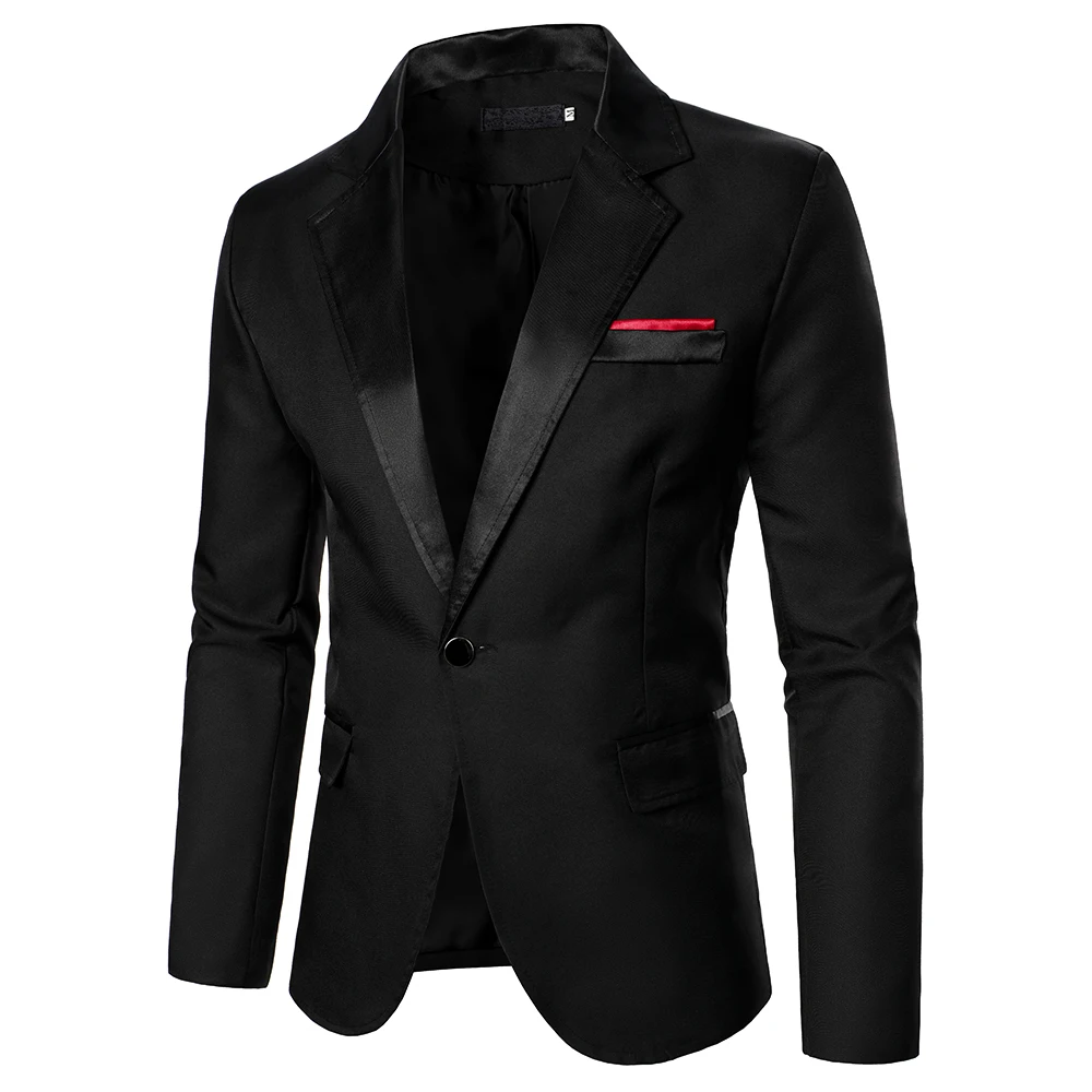 Men Blazer Decorative Chest Pocket Contrast Color Satin Collar  Causal Formal Daily Wedding Men Long Sleeve One Button Blazer