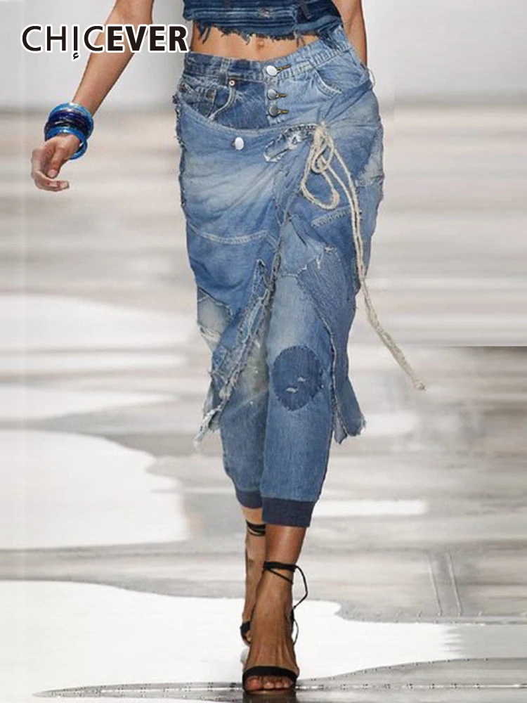 

CHICEVER уличные нерегулярные джинсовые брюки для женщин с высокой талией в стиле пэчворк на шнуровке осенние винтажные модные брюки для похудения женские