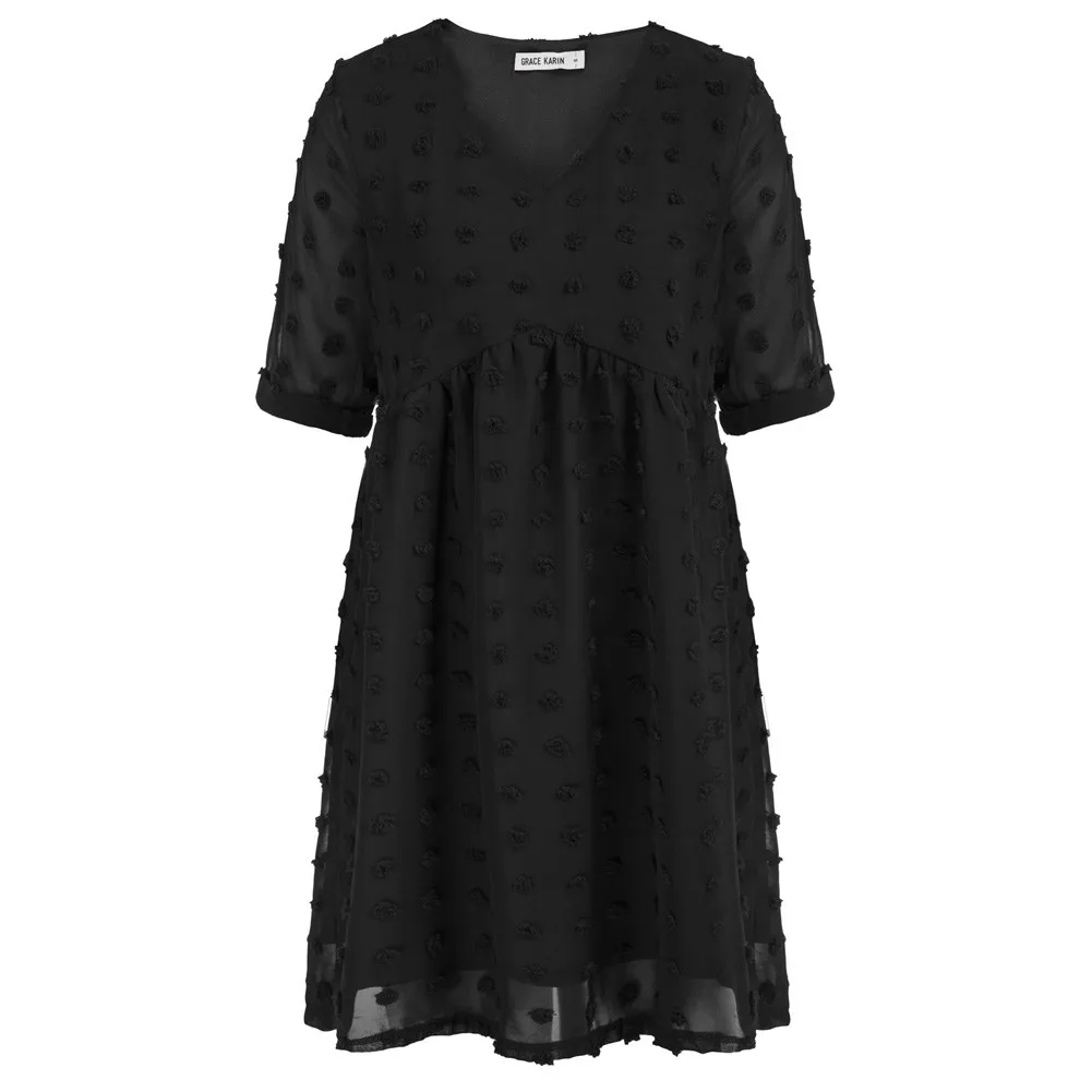 

GK Dresses For Women 2022 Hairball Decorate Beach Dress Empire Waist Solid Color Loose Fit Half Sleeves V-Neck A-Line Dress