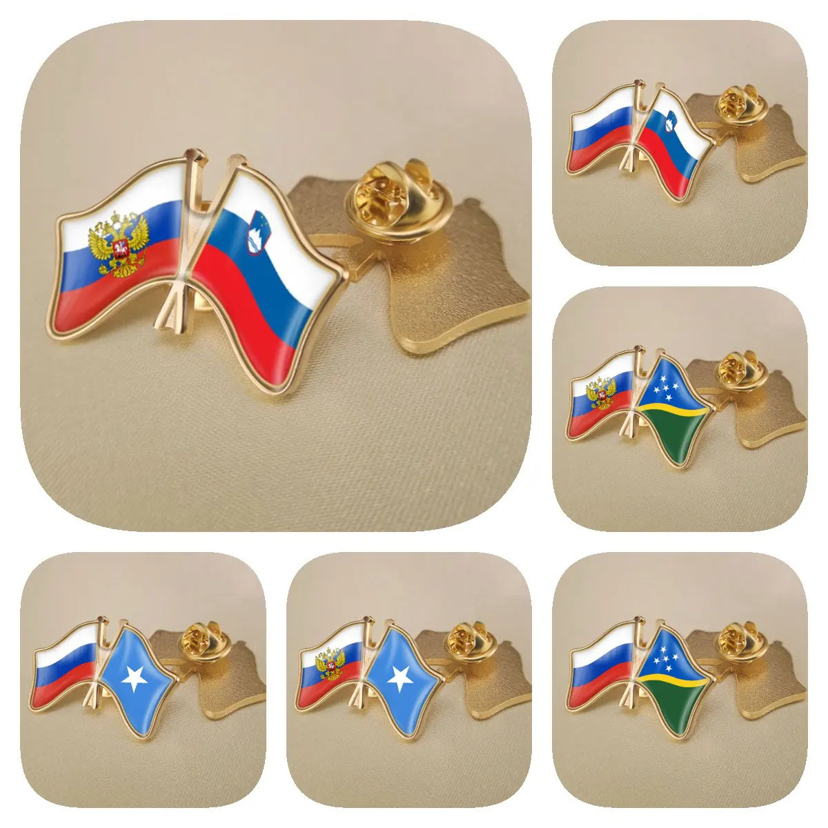 

Russian Federation and Slovenia Solomon Islands Somalia Double Crossed Friendship Flags Brooches Lapel Pins Badges