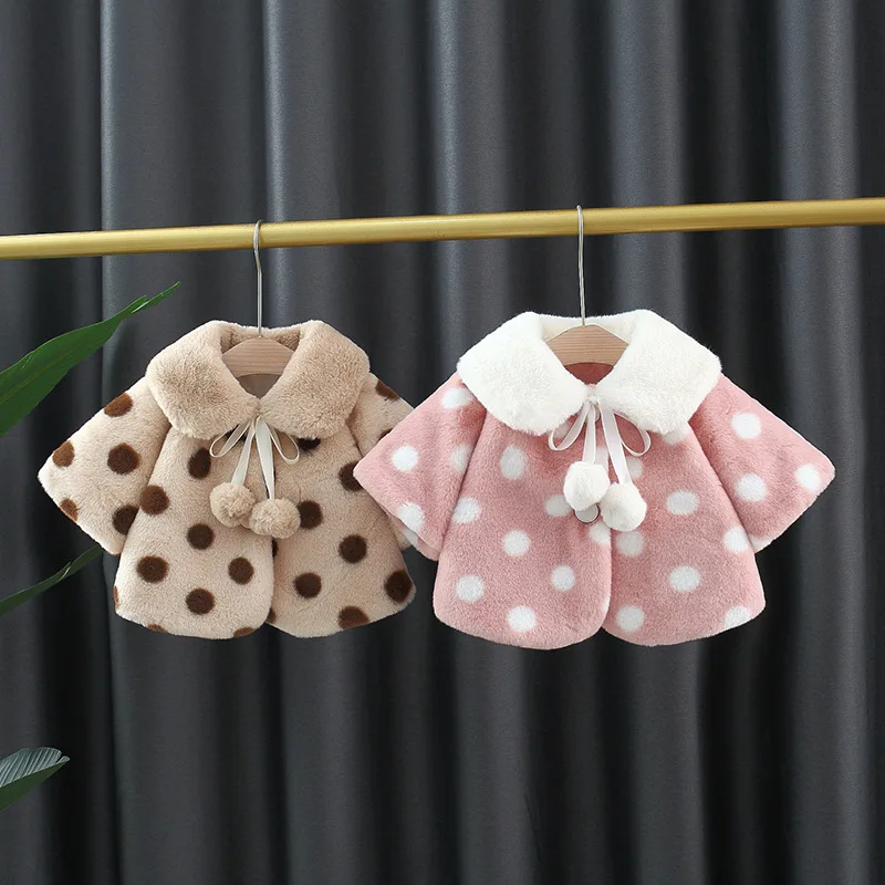 

Newborn baby girl fall winter clothes fur collar cape outerwear for toddler girls baby clothing 1 year birthday polka dot coats