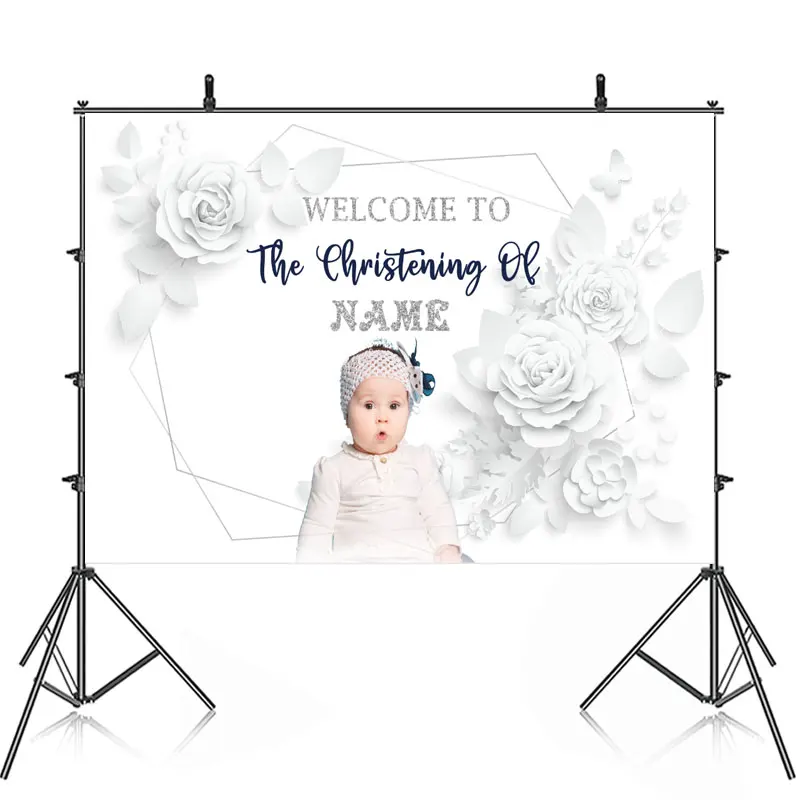 

Happy Christening Baptism Birthday Party Backdrop Photography Baby Shower For White Flowers Background Banner Custom Name Pic