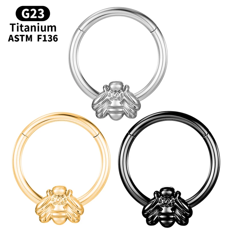 

1Pcs Titanium Septum Piercing Little Bee Nose Rings CZ Clicker Hinge Segment G23 Cartilage Earrings Tragus Helix Body Jewelry