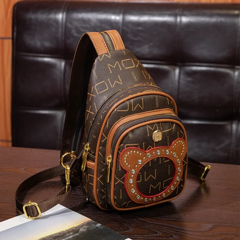 

Vintage Letter Printed PU Leather Backpacks For Women Cute Cartoon Bear Chest Bags Novelty Utility Female Backpack Shoulder Bag