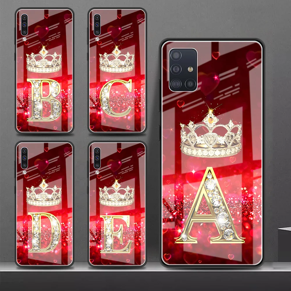 

Red Diamonds Letter Glass Case For Samsung Galaxy A52 A71 A50 A51 A70 A21s A31 A72 A10 A12 A30 A11 A22 5G Phone Cover