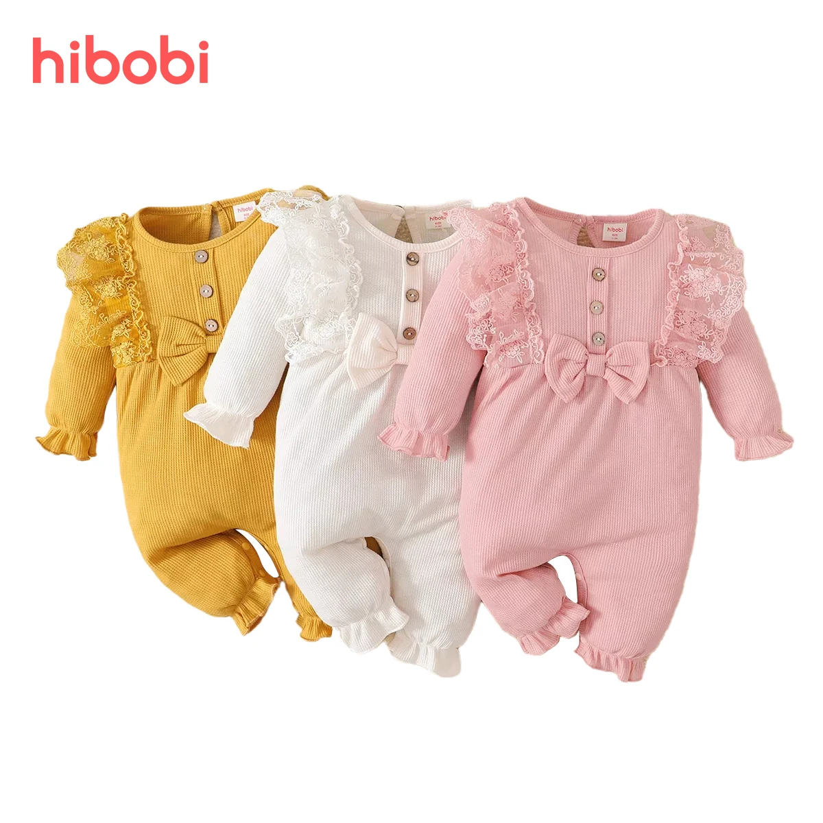 

hibobi Baby Girl Ruffle Bow Lace Infant Solid Long Sleeve Jumpsuit For Newborns One-piece Baby Outfit