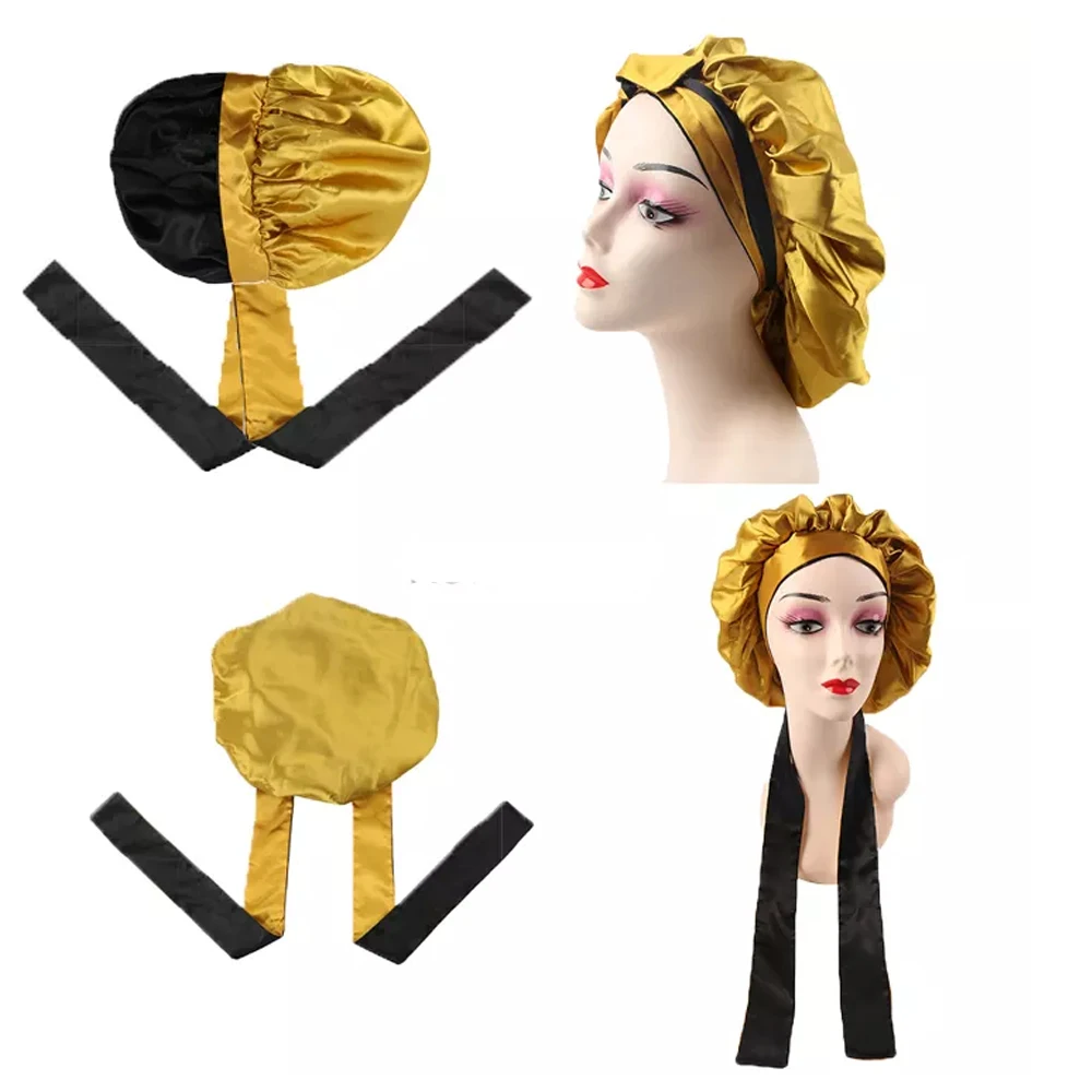 Hair Cap Silk Satin Bonnet With Tie Bands Custom Logo Hair Bonnets For Women With Tie Bands