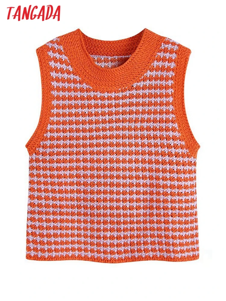 

Tangada Women 2022 Fashion Plaid Knitted Vest Sweater O Neck Sleeveless Female Waistcoat Chic Tops BE517