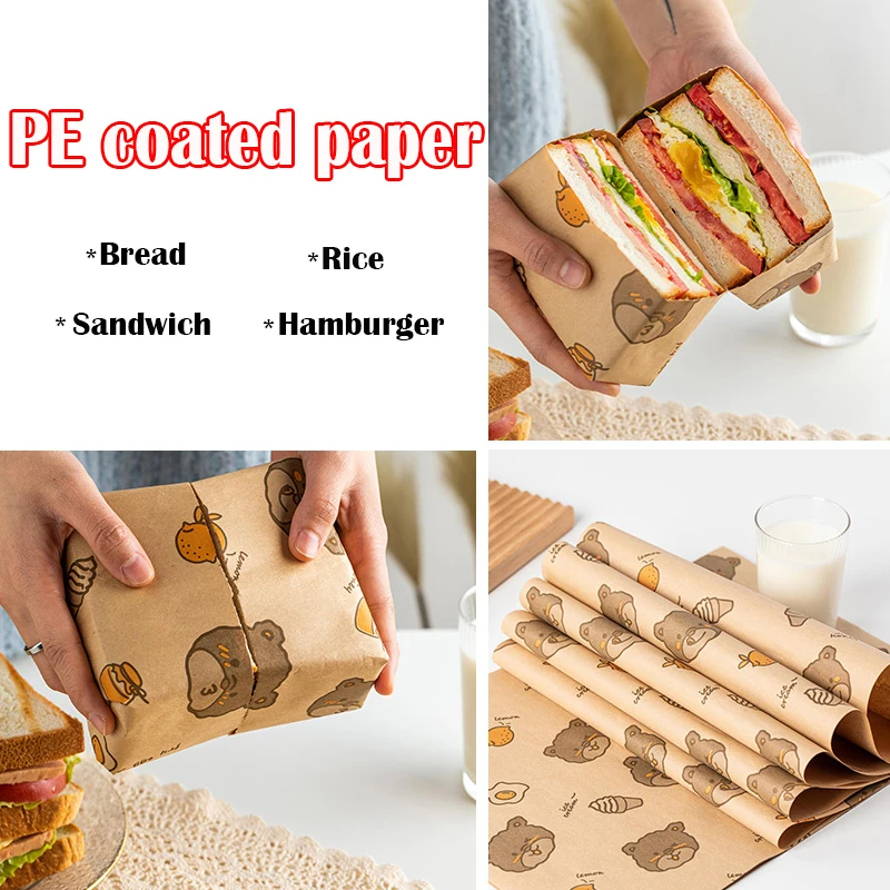 PE Coated Paper Sandwich Rice Bread Humberger Food Wrap Package Baking Cure Pallet Tray Packing Papers 50/100 Sheets 38*28cm