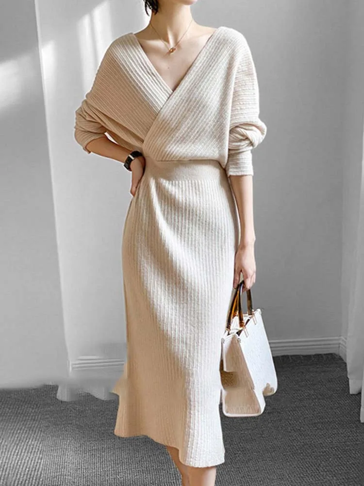 

2023 Elegant Autumn Winter Solid Bodycon Sweater Dress Women V Neck Bandage Slim Knitted Pencil Long Dress Vestidos Robe Femme